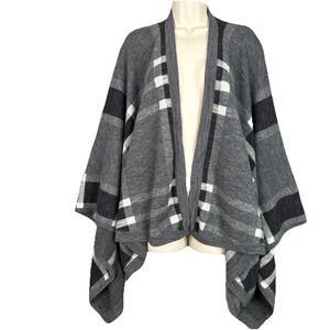 Kenar Wool Plaid Poncho Wray Gray Black White Check OS Open Front Cape Shaw Cozy